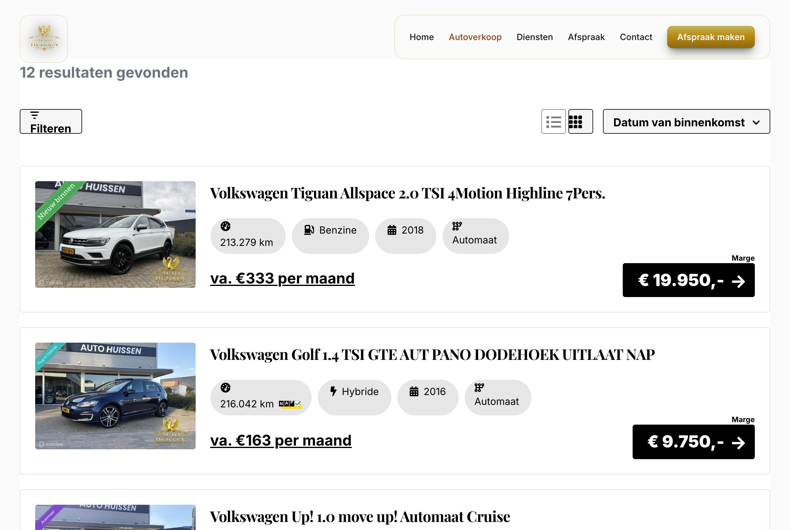 Overzicht van occasions op autohuissen.nl met per auto de kilometerstand, brandstof, bouwjaar en prijs