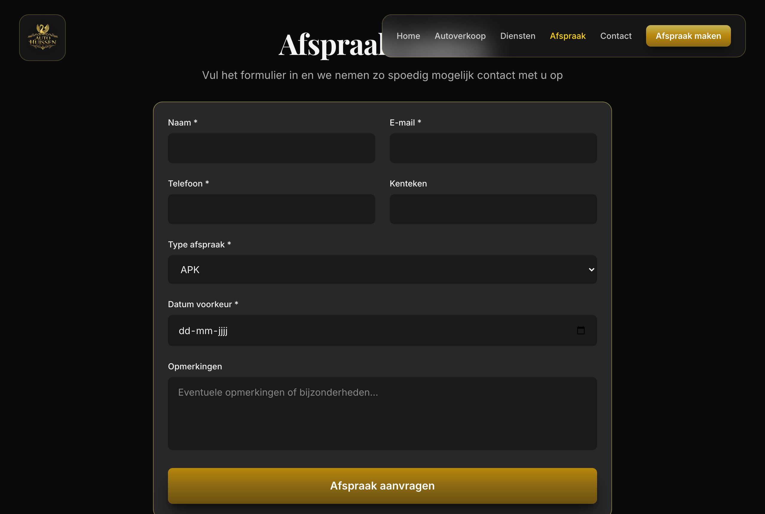 Afspraakformulier van autohuissen.nl met velden voor naam, kenteken, type afspraak en datum