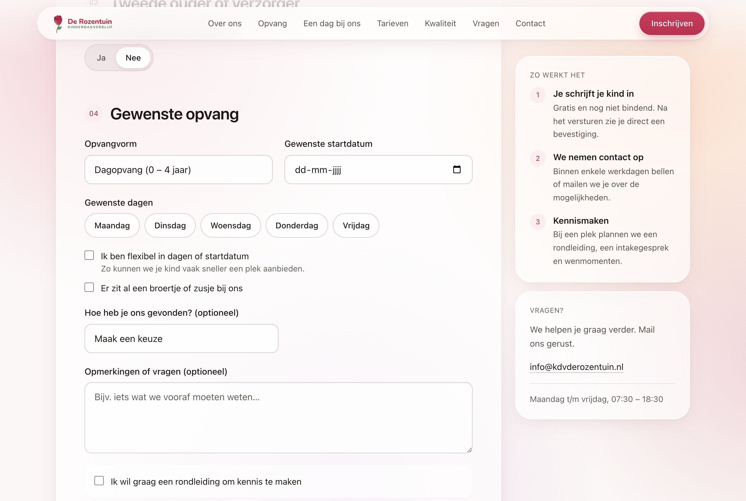 Inschrijfformulier van KDV De Rozentuin met gewenste dagen, startdatum en rondleidingsvraag