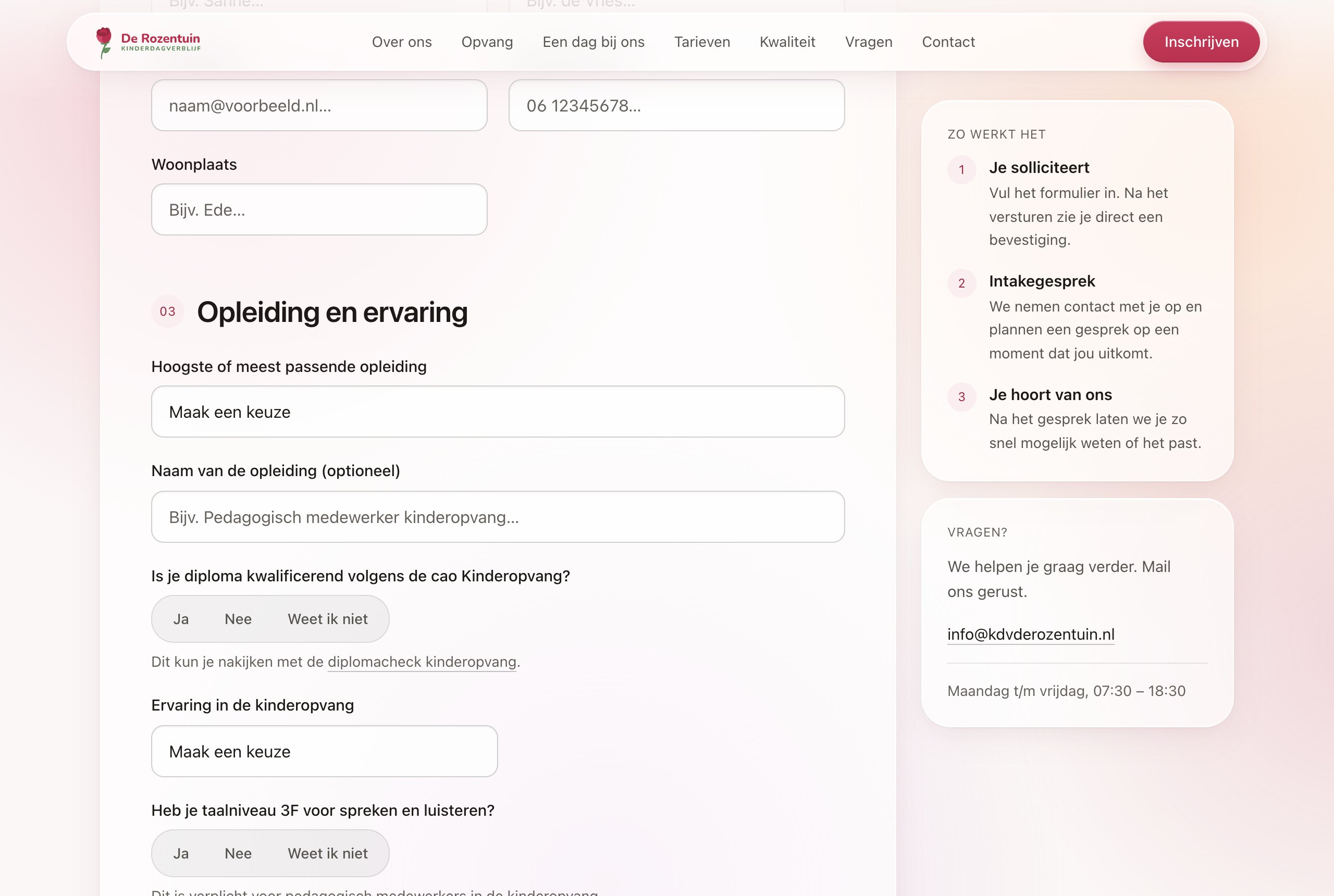 Sollicitatieformulier van KDV De Rozentuin met vragen over diploma en taalniveau